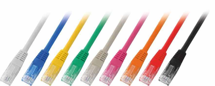 x Kolor niebieski żółty zielony purpurowy pomarańczowy czerwony czarny biały szary Kabel krosowy kat. 6 UTP, 50 MHz, PVC Kabel zgodny z normą: IEC 6033-1 oraz ze standardem TIA / EIA 568B.