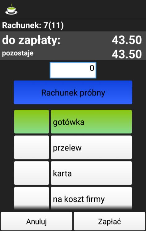 2.11. Rozliczenie rachunku Aby rozliczyć rachunek zaznaczamy go po czym klikamy na przycisk Rozlicz, ukaże nam się okno jak poniżej: Rachunek próbny- spowoduje wydruk rachunku próbnego dla danego