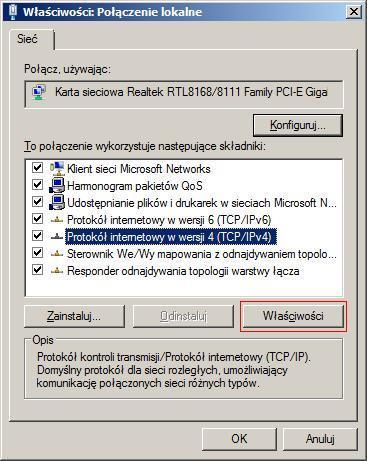 5. W oknie Właściwości: Połączenie lokalne zaznaczamy Protokół internetowy w wersji 4 (TCP/IPv4) a następnie klikamy