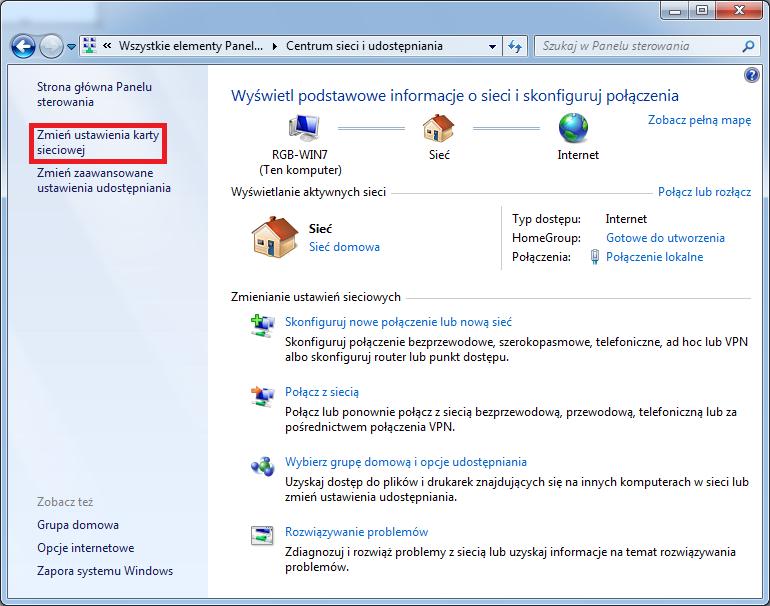 sieci i udostępniania. 2. Z menu po lewej stronie wybieramy Zmieo ustawienia karty sieciowej. 3.