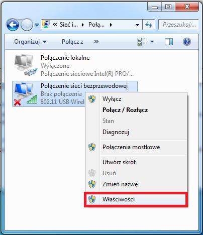 następnie z menu wybieramy Wyłącz ) poza Połączenie sieci bezprzewodowej UWAGA: nazwa połączenia może zależed od