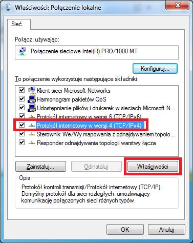 5. W oknie Właściwości: Połączenie sieci bezprzewodowej zaznaczamy Protokół internetowy w wersji 4 (TCP/IPv4) a następnie klikamy Właściwości. 6.