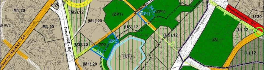 12 do terenu (ZP1), na którym dopuszczone jest zachowanie istniejącej zabudowy, ponadto na fragmencie (ZP1) zmienia się dotychczasowe przeznaczenie na ZP2 i włącza do