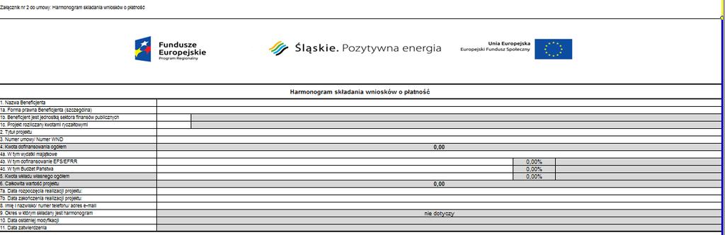 ZASADY WYPEŁNIANIA HARMONOGRAMU O PŁATNOŚĆ Górna część harmonogramu wypełniana jest danymi Projektu (np. nazwa Beneficjenta, tytuł projektu, numer umowy, forma prawna, etc.).