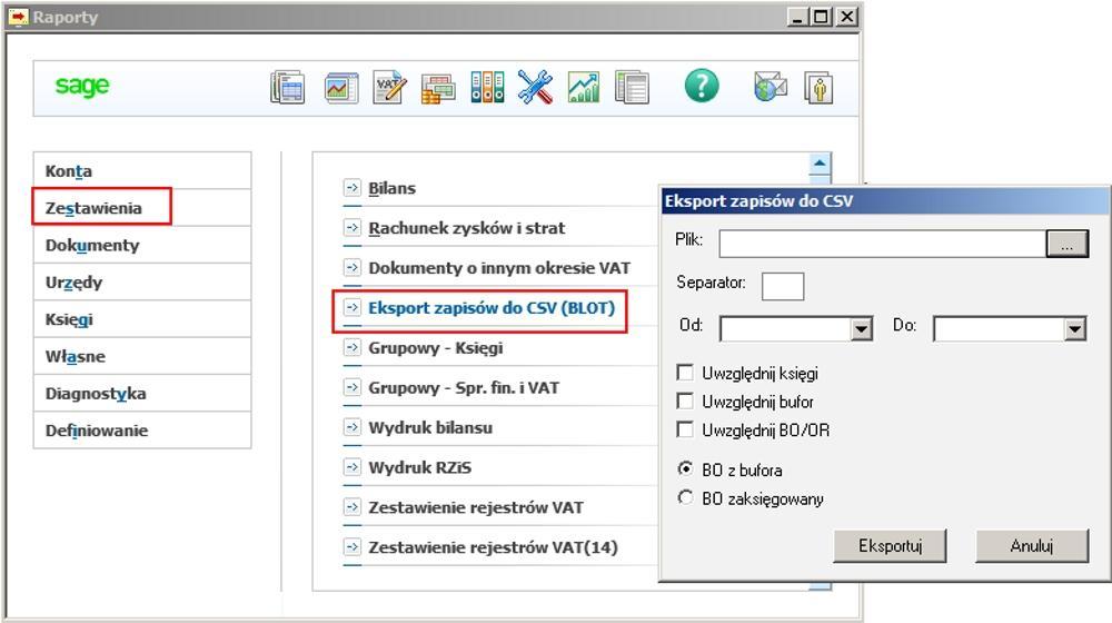 Uruchomienie dodatku Dodatek nale y uruchomi z poziomu zestawie ogólnych. Wybieramy: Raporty -> Zestawienia i z listy wybieramy 'Eksport zapisów do CSV (BLOT)'.