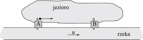 Egzamin maturalny z fizyki i astronomii 3 Zadanie 1.4 (2 pkt) Z przystani A wyruszają jednocześnie z jednakową i stałą prędkością v względem wody dwie motorówki.