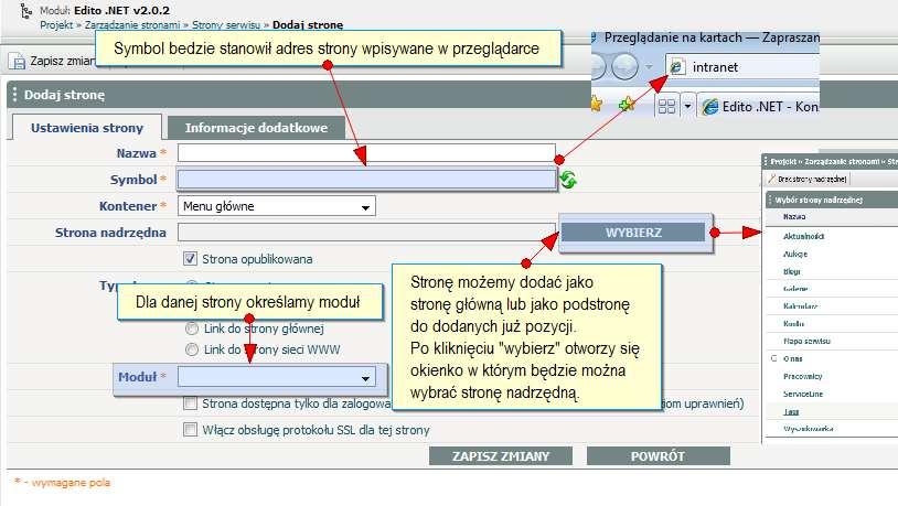 Wówczas pojawi się następujący formularz: Dodając stronę możemy wybrać jeden z czterech typów: Strona serwisu