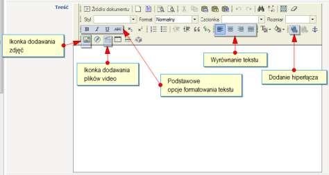 Rysunek 27. Podstawowe funkcje edytora HTML. Dodając akapit możemy opublikować go w późniejszym etapie.