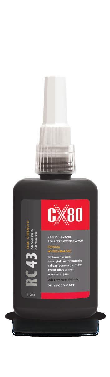 CX80 RC 43 Klej anaerobowy do zabezpieczania metalowych połączeń gwintowych o średniej sile łączenia. Wiąże pod wpływem kontaktu z metalowymi powierzchniami, przy braku dostępu powietrza.