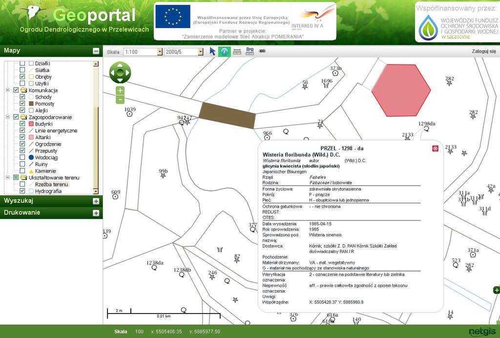 LOKALIZACJA WISTERII PRZY PAWILONIE HERBACIANYM Mapa wyświetla dane w skali do 1:100.