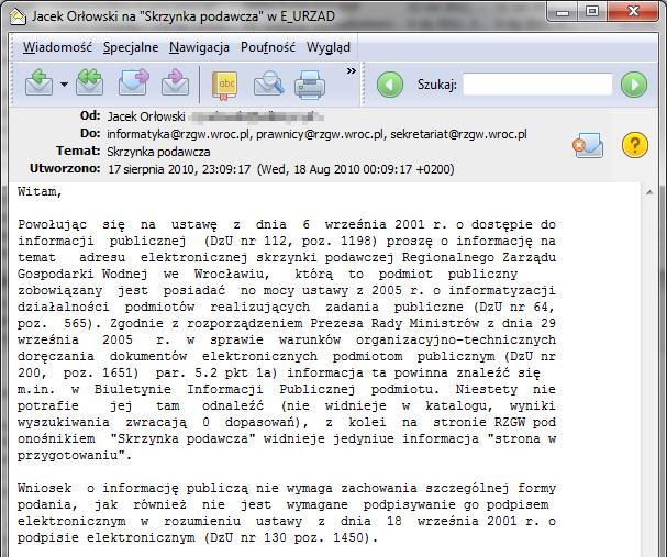 25 przykład 1 informacja Urząd nie udzielił odpowiedzi na wniosek o informację publiczną; nie powiodły się też telefoniczne próby przekonania placówki do uruchomienia esp.