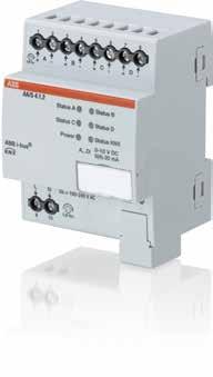 Dane techniczne 2CDC505168D4001 ABB i-bus KNX Opis produktu Wyjście analogowe konwertuje telegramy otrzymane przez KNX na analogowe sygnały wyjściowe. Urządzenie jest wyposażone w 4 wyjścia.