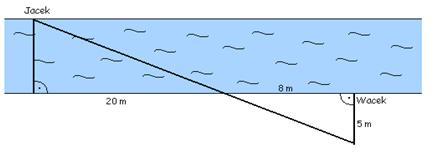 1.4.6 Jacek i Wacek stoją na przeciwnych brzegach rzeki. Korzystając z danych na rysunku, oblicz szerokość rzeki. 1.4.7.