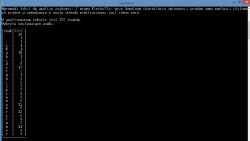 writeln(' '); writeln(' znak licz. '); for i:=0 to k-2 do writeln(' ',lit[i],' ',ile[i]:3,' '); writeln('------------'); readln(); end. 58 59 Zadanie Napisać program analizujący wprowadzony tekst.