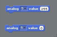 Następnie omawiamy blok analog value. Wysyła on na pin 5 wartość od 0 do 255 (jest to proporcjonalne napięcie od 0V do 5V).