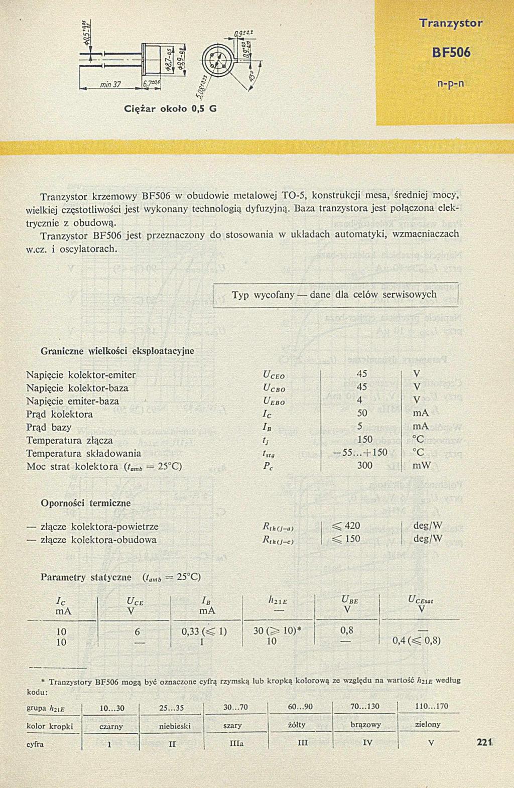 BF506 C ię ż a r o k o ło 0,5 G T ranzystor krzem owy BF506 w obudowie metalowej TO-5, konstrukcji mesa, średniej mocy, wielkiej częstotliwości jest wykonany technologią dyfuzyjną.