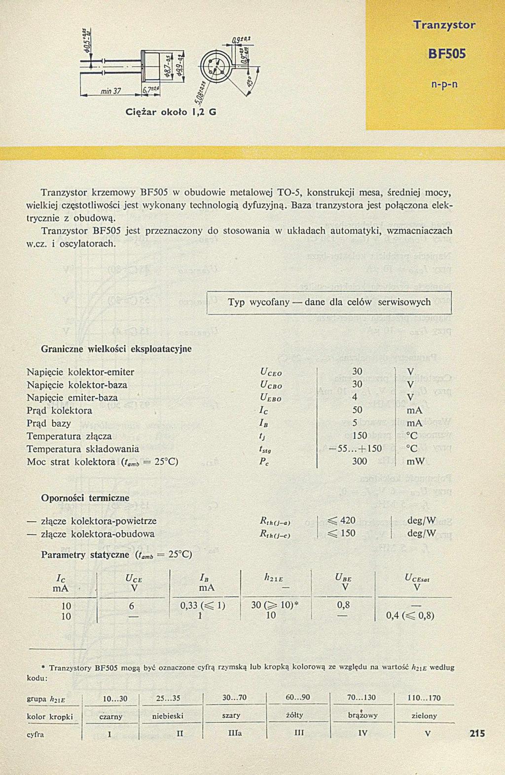 BF505 C ię ż a r o k o ło 1,2 G T ranzystor krzem owy BF505 w obudowie metalowej TO-5, konstrukcji mesa, średniej mocy, wielkiej częstotliwości jest wykonany technologią dyfuzyjną.