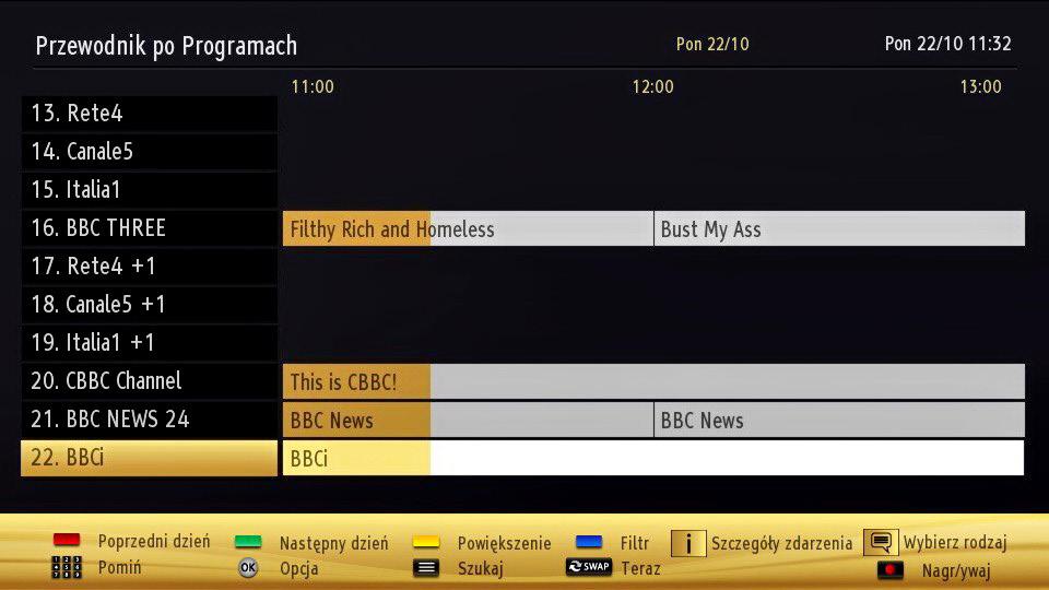 Elektroniczny przewodnik po programach (EPG) Niektóre kanały, ale nie wszystkie, podają informacje o aktualnym i następnym programie. Naciśnij przycisk EPG" ", aby wyświetlić menu EPG.