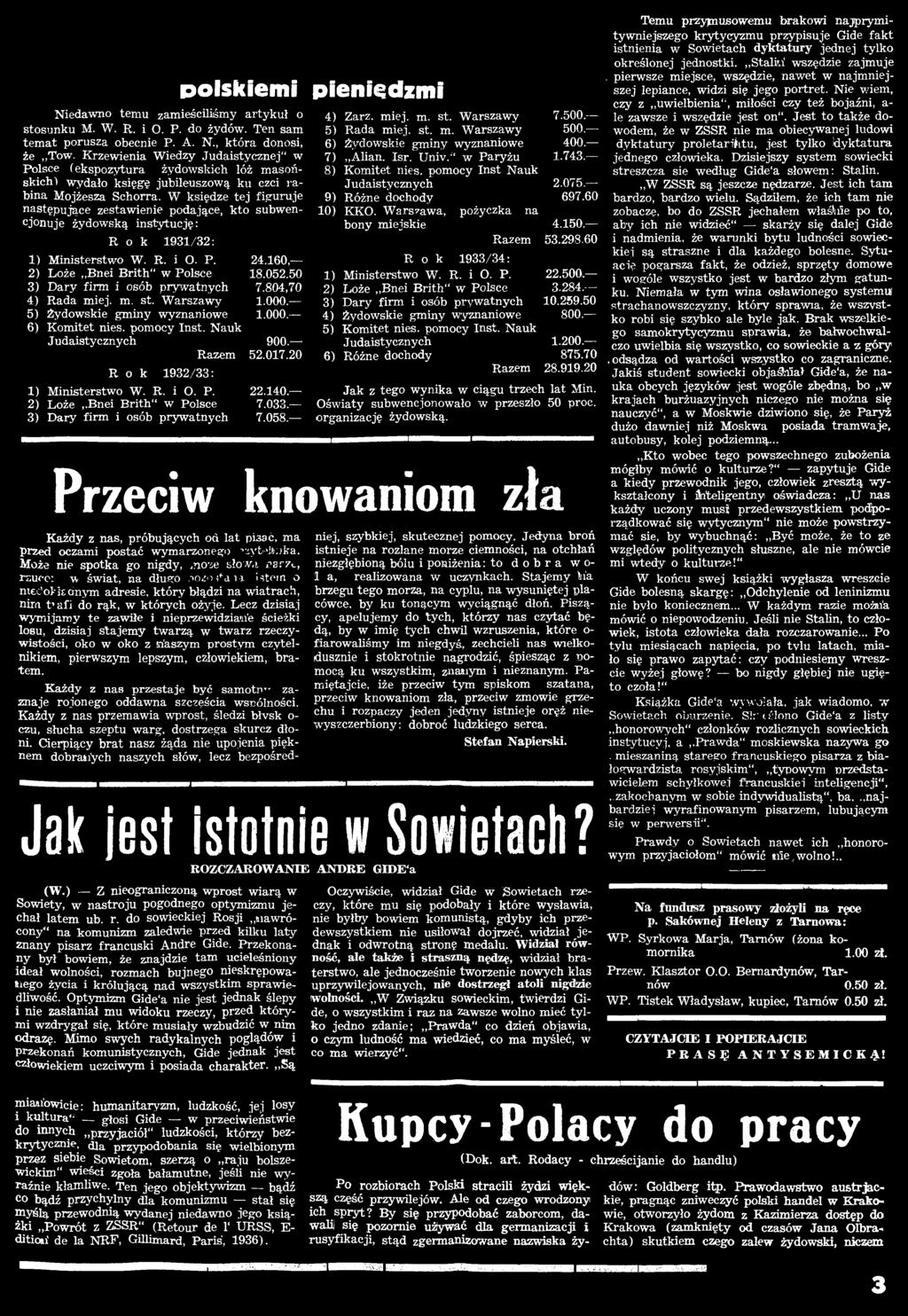 20 R o k 1932/33: 1) 2) Ministerstwo W. R. i O. P. Loże,.Bnei B rith w Polsce 22.140. 7.033. 3) D ary firm i osób pryw atnych 7.058. polskiem i pieniędzmi 4) Zarz. miej. m. st. W arszawy 7.500.