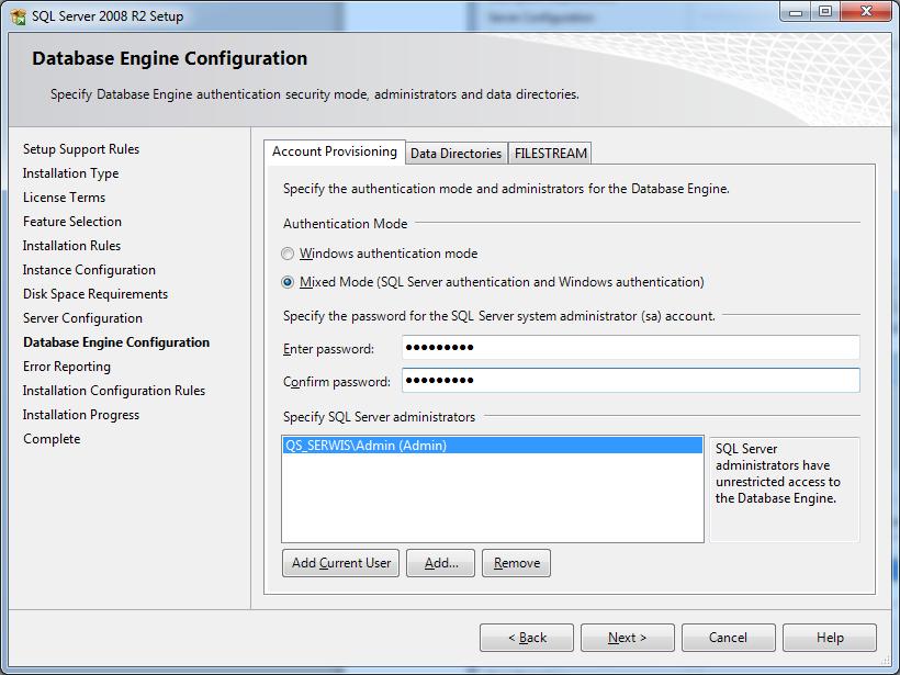 instalowanego serwera SQL. Zalecane hasła powinny być odpowiednio długie z wykorzystaniem małych i wielkich liter oraz cyfr. Np. Enter password: Admin1234. Confirm password: Admin1234.