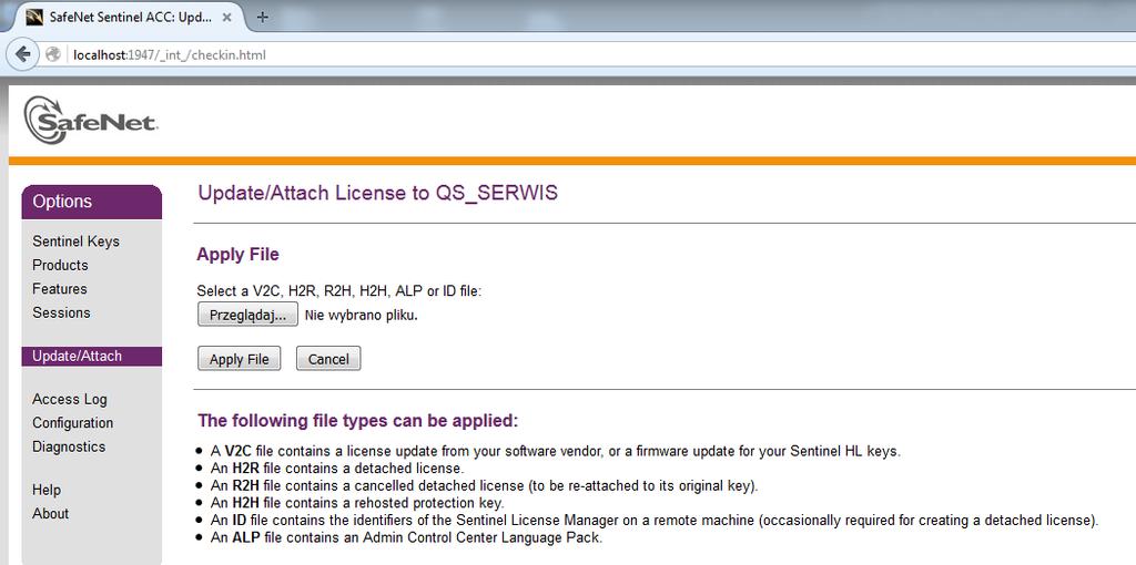 4.7 Aktualizacja klucza USB - wgrywanie pliku v2c Uruchom przeglądarkę internetową i w pasek adresu wpisz localhost:1947 Z menu