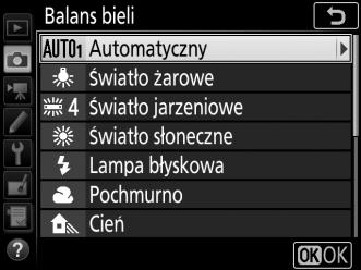 Precyzyjna korekta balansu bieli Przy ustawieniach innych niż K (Wybór temperatury barwowej), balans bieli można precyzyjnie skorygować w celu skompensowania różnych odcieni barwy źródła światła lub
