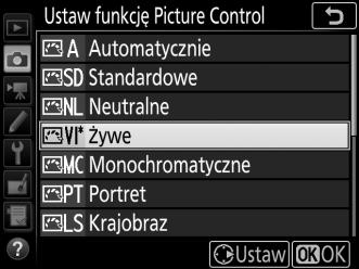 Wyróżnij żądane ustawienie Picture Control na liście ustawień Picture Control (0 148) i naciśnij 2. 2 Dostosuj ustawienia.