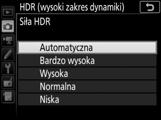 2 Wybierz tryb. Wyróżnij Tryb HDR i naciśnij 2. Wyróżnij jedno z poniższych ustawień inaciśnij J. Aby zrobić serię zdjęć HDR, wybierz 6 Włącz (seria).