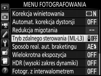 Fotografowanie ze zdalnym sterowaniem Korzystanie z opcjonalnego pilota zdalnego sterowania ML-L3 Opcjonalnego pilota zdalnego sterowania ML-L3 (0 287) można używać do ograniczania drgań aparatu lub
