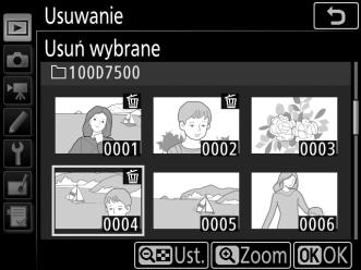 Menu odtwarzania Opcja Usuwanie w menu odtwarzania zawiera następujące opcje. Zwróć uwagę, że w zależności od liczby zdjęć proces usuwania może chwilę potrwać.