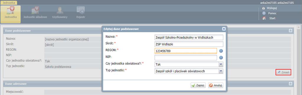 Jak rozpocząć pracę na Platformie VULCAN? wdrożenie w pojedynczej jednostce 5/9 2. W widoku Jednostka, w sekcji Dane podstawowe kliknij przycisk Zmień. 3.