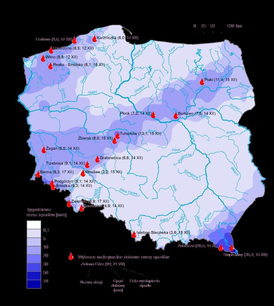 3. Rozkład tygodniowej sumy opadów oraz wybrane maksymalne