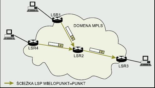 ŚCIEŻKI LSP WIELOPUNKT-PUNKT Standard MPLS dopuszcza tworzenie ścieżek o topologii wielopunkt-punkt.