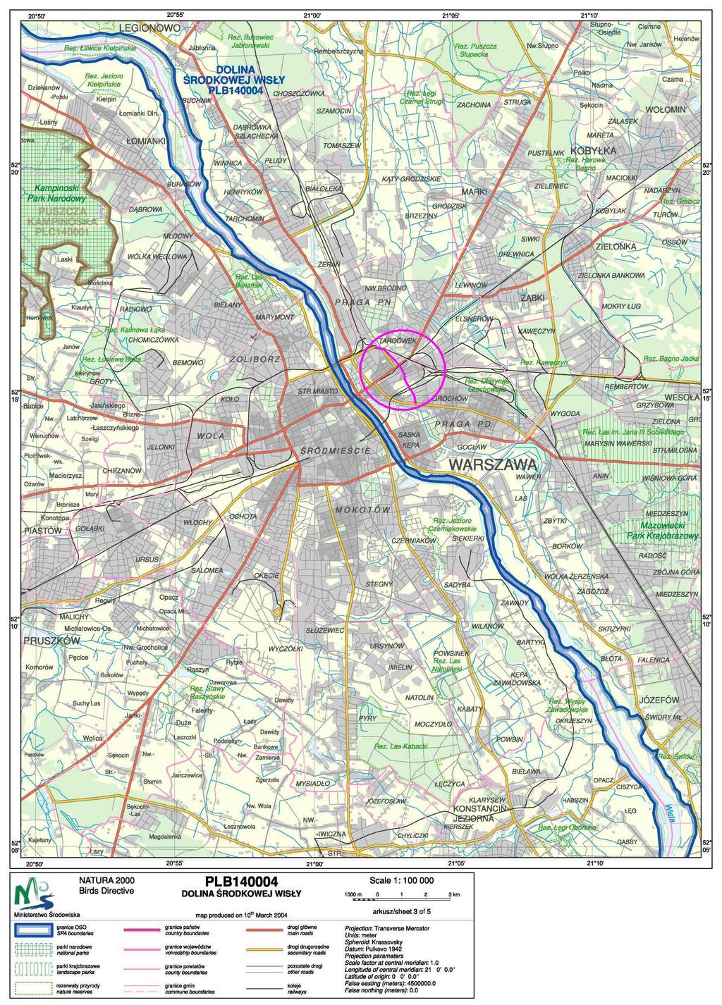 Rysunek 4 PołoŜenia ul. Tysiąclecia w stosunku do obszaru Natura 2000 - Dolina Środkowej Wisły.