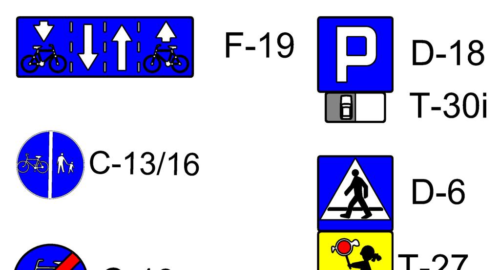 Oznakowanie pionowe składa się ze znaków F-19, które oznaczają pas dla rowerów w miejscu, gdzie będzie on poprowadzony po jezdni lub C13 albo C16 w miejscu poprowadzenia wydzielonej drogi dla rowerów.