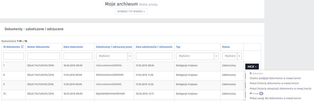 Moje archiwum widok prosty. Moje archiwum - widok złożony zawiera listę wszystkich dokumentów pogrupowaną według typu dokumentu.