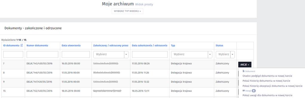 Moje archiwum widok prosty. Moje archiwum - widok złożony zawiera listę wszystkich dokumentów pogrupowaną według typu dokumentu.