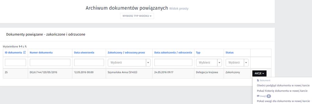 4.6.Archiwum dokumentów powiązanych widok prosty i złożony Archiwum dokumentów powiązanych to zbiór dokumentów z zakończonym obiegiem (status dokumentu zakończony lub usunięty), na których zalogowany