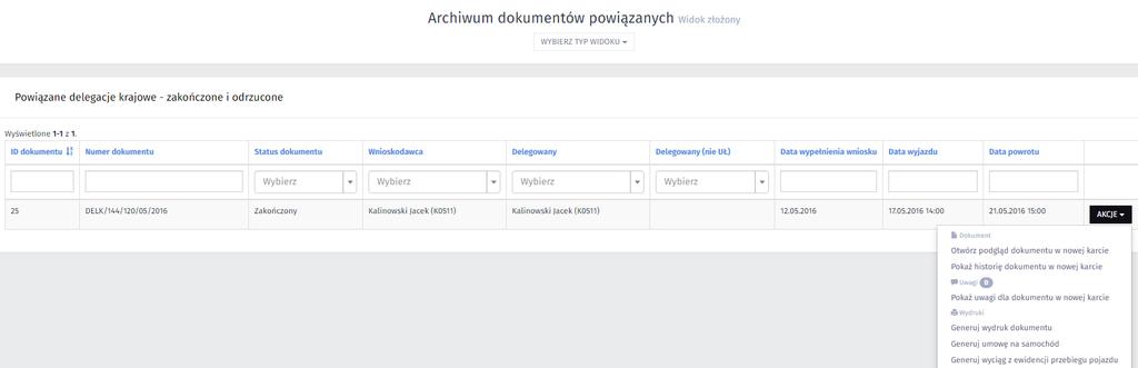 W sekcji Archiwum dokumentów powiązanych widok prosty dostępne są AKCJE podglądu dokumentu, pokazania historii dokumentu, historii akceptacji dokumentu oraz uwag dla dokumentu.