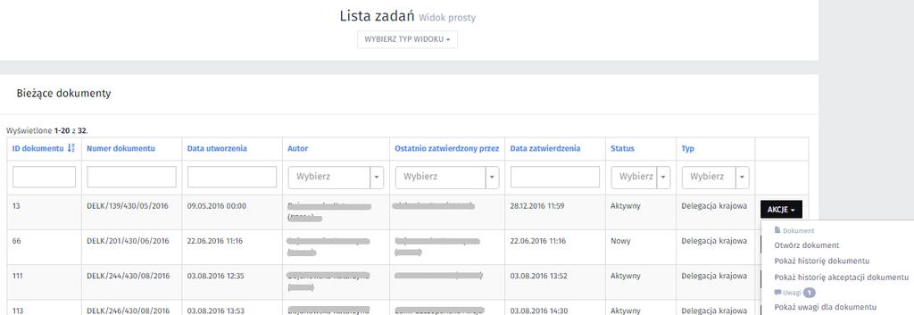 Lista zadań - widok prosty zawiera listę wszystkich dokumentów (bez względu na typ dokumentu delegacja krajowa lub inne, które powstaną w Portalu Pracowniczym) w jednej tabeli.