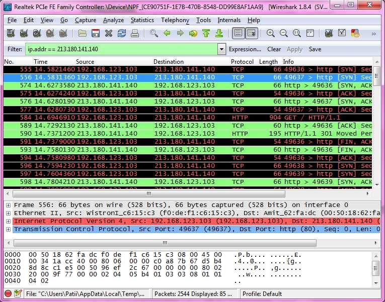 III. Analiza pakietów Okno Wireshark podzielone jest na trzy części: górna część zawiera listę złapanych pakietów (przefiltrowanych