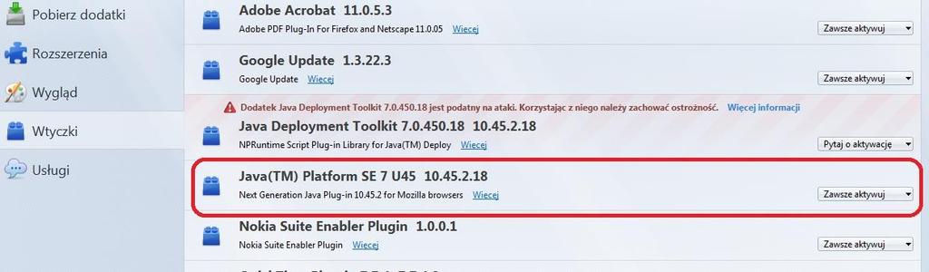 W przypadku braku wtyczki należy ją pobrać ze strony: http://www.java.