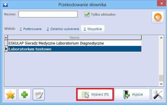 Konfiguracja Modułu ewyniki Po uzupełnieniu wszystkich danych przekodowania należy zapisać zmiany i w oknie wyboru przekodowania wybrać nowo dodaną pozycję: 2.