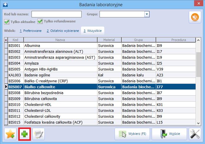 Konfiguracja Modułu ewyniki W oknie słownika Badania laboratoryjne (przykład) wyświetlane są aktualne, refundowane badania laboratoryjne.