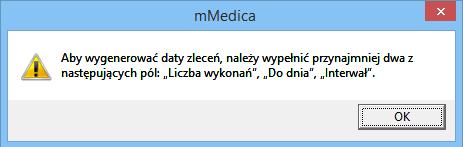 W celu wygenerowania stałego zlecenia należy uzupełnić pola określające liczbę wykonań, datę obowiązywania zlecenia, interwał czasowy (dzień, tydzień, miesiąc), częstość wykonania badania.