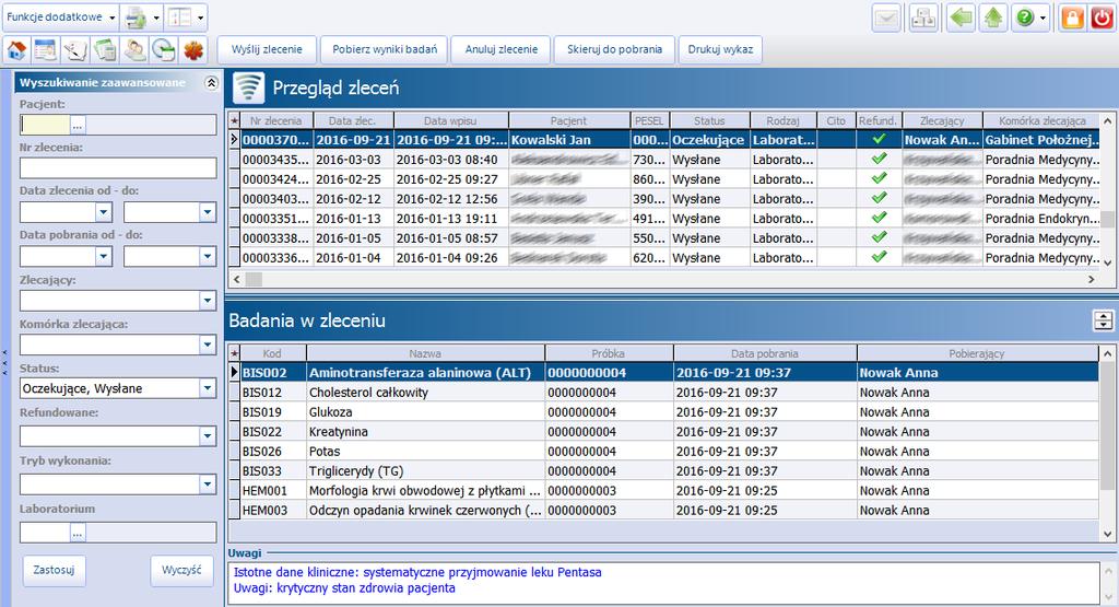 Przegląd zleceń Rozdział Przegląd zleceń 5 Ścieżka: Moduły dodatkowe > Integracja > Przegląd zleceń Do Przeglądu zleceń przekazywane są następujące zlecenia: zlecenie wykonania badań diagnostycznych