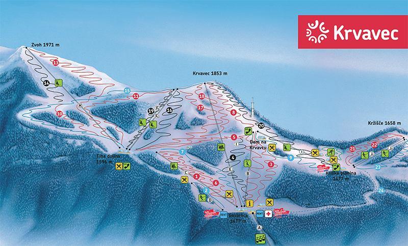 4 SKI RESORT KRVAVEC: Położony jest ok. 35 min jazdy skibussem od miejscowości Bled. Oferuje 35 km tras narciarskich i 100 śnieżnych dni w roku.