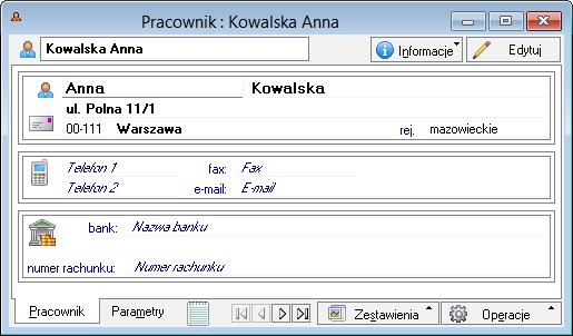 Podręcznik użytkownika Sage Symfonia Start Faktura 39 Poruszanie się w oknie danych pracownika Po wybraniu w Kartotece Pracowników (za pomocą narzędzi, klawiszy skrótów lub menu skrótów) polecenia