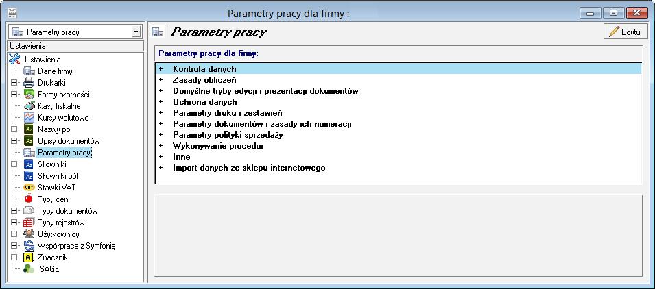 Podręcznik użytkownika Sage Symfonia Start Faktura 64 Ustalanie parametrów pracy Po wybraniu w kartotece Ustawieniach polecenia Parametry pracy można zmienić domyślne ustawienia parametrów pracy dla