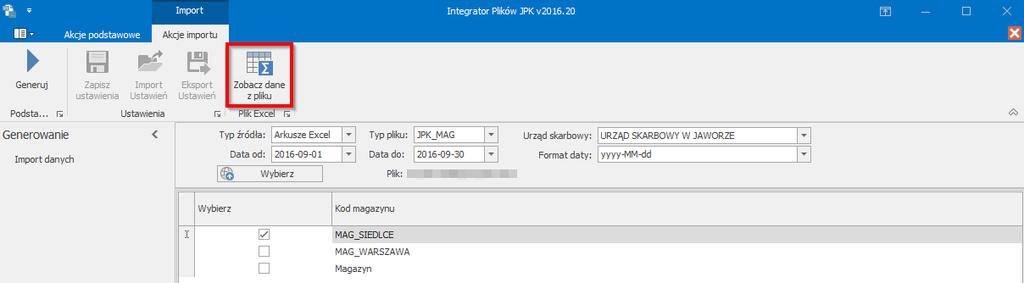 JPK_MAG Jeśli jako typ wybrano JPK_MAG, wyświetli się tabela z magazynami pobranymi z pliku xls, kolumny tabeli przedstawiają kolejno: Wybierz pole wyboru, określa z których magazynów mają zostać